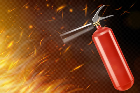 ?arbon dioxide fire extinguisher isolated on burning background. Portable fire extinguishing equipment from fire department. Professional tool or instrument. Realistic 3D vector illustrationのイラスト素材