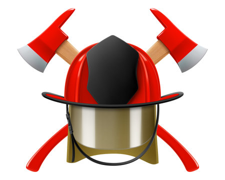 Firefighter helmet or red firefighter hat and two crossed axes isolated on white background. Realistic 3d vector illustrationのイラスト素材
