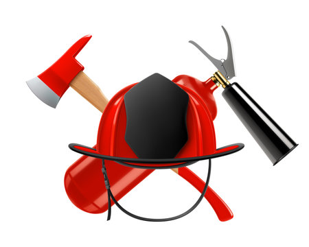 Firefighter helmet or and crossed axes with a fire extinguisher isolated on white background. Realistic 3d vector illustrationのイラスト素材