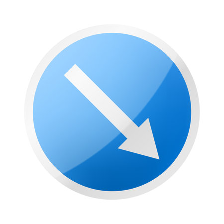 Road arrow sign. Road sign one way, blue and round, white color arrow pointing direction right and down, realistic 3d vector illustrationのイラスト素材