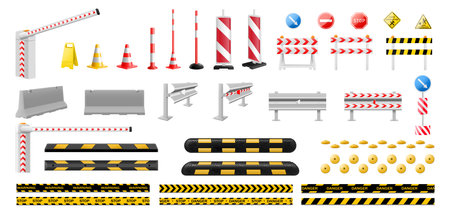 Set of traffic light, boom barrier gate, road barrier fence, speed bump ,road cone, Striped yellow and black barriers for blocking road. Speed bump element or obstacle on the road. Realistic 3d Vectorのイラスト素材