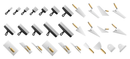 Set of Stainless Steel Putty Knife and trowels isolated on a white background. Plaster spatula, cement trowel, notched tiling trowels Construction, Building tool. Spackling instrument. Spatula for finishing work. Realistic 3d Vector illustration.のイラスト素材