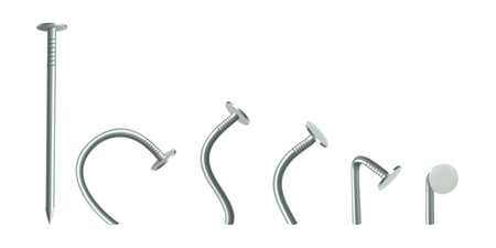 Straight and bent metal nails isolated on white background. Steel and iron curved nail pins and heads. Metallic hardware set. Industrial equipment or tool for fixing or repairing. Realistic 3d vectorのイラスト素材