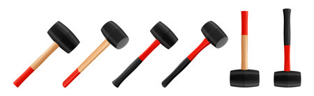 Set of rubber hammers, isolated on white background. Tile mallets. Hand tools for laying tiles and stones. Tool for straightening work. Realistic 3d vector illustrationのイラスト素材