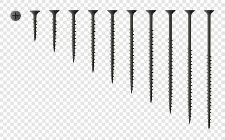 Set of wood screws isolated on transparent background. Realistic 3d Vector illustrationのイラスト素材