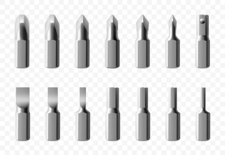 Isometric set of metal bits for screwdriver isolated on white background. Bits for electric drill or cordless screwdriver. Hand tools for repair. Bits for bolts and screws. Realistic 3d vectorのイラスト素材