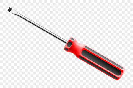 Flathead screwdriver isolated on transparent background. Black and red long screwdrivers. Metal tool for Home Repairs and Mechanical Work. Realistic 3d vector illustration.のイラスト素材
