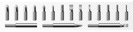 Isometric set of metal bits for screwdriver isolated on white background. Bits for electric drill or cordless screwdriver. Hand tools for repair. Bits for bolts and screws. Realistic 3d vectorのイラスト素材