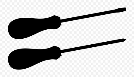 Flat head and Phillips screwdriver isolated on transparent background. Long screwdrivers. Metal tool for Home Repairs and Mechanical Work. Black silhouette icon, vector illustration.のイラスト素材