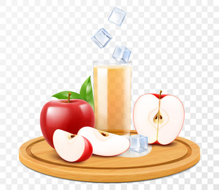 A glass of fresh apple juice or smoothie with ice cubes. Cup of cocktail or yogurt with red ripe apples on wooden tray, isolated on transparent background. Realistic 3d vectorのイラスト素材