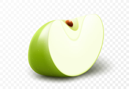 Slice of green juicy apple isolated on transparent background. Ripe piece of a delicious apple. Realistic 3d vector illustration. Bright fruit composition. Template for your summer designのイラスト素材