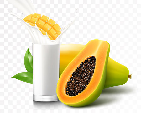 A glass of yogurt or milkshake with Ripe Papaya fruits. Cup of cocktail or milk with natural fresh papaya, isolated on transparent background. Realistic 3d vector illustrationのイラスト素材