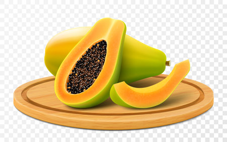Ripe Papaya on wooden tray or cutting board, isolated on transparent background. Pawpaw, papaya half with seeds, slice and whole juicy fruit. Tropical, exotic fruit. Realistic 3d vector illustration.のイラスト素材
