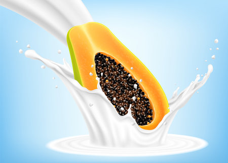 Natural fresh Ripe Papaya in splash of yogurt or milkshake, cocktail splash and drops, Milk splash with Papaya fruits. Realistic 3d vector illustrationのイラスト素材