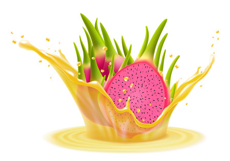 Realistic Fresh ripe dragon fruit and dragon fruit juice 3D splash wave, isolated. Healthy food or tropical fruit drink liquid ad label design. Tasty pitaya smoothie splash, vitamin cocktail, vectorのイラスト素材