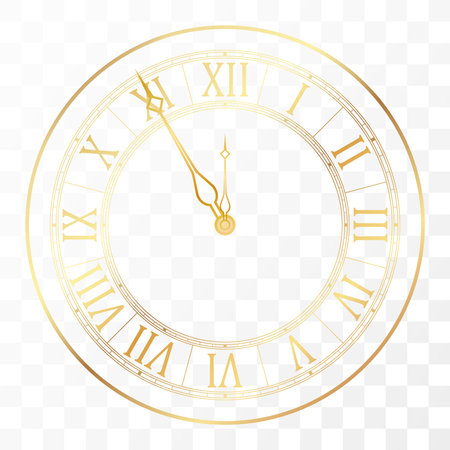 Golden elegant roman numerals clock. Antique time design. Luxury glossy golden clock face dial of round shape vector illustration isolated on white backgroundのイラスト素材