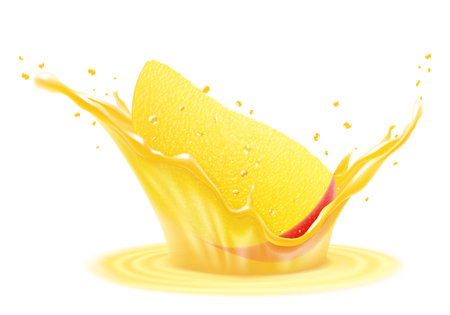 Fresh ripe exotic mango falls into a splash of juice, isolated .on white background. Realistic 3d vector illustration. Summer tropical vitamin food or drink. Mango smoothie splash, vitamin cocktailのイラスト素材