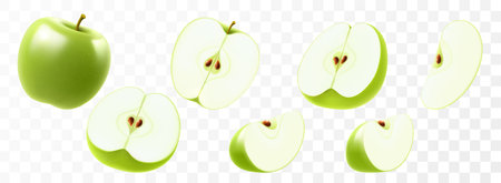 Set of green apple isolated on transparent background. Whole, half and slices of a delicious apple. Summer harvest. Natural product. Realistic 3d vector illustration, . Template for your summer designのイラスト素材