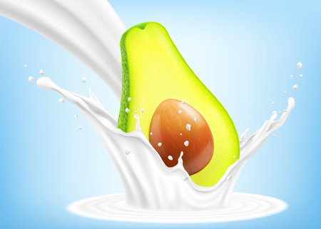 Fresh ripe avocado falls into a splash of yogurt or milk, cocktail splash with drops, Milkshake splash with green juicy avocado fruit. Realistic 3d vector illustrationのイラスト素材