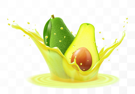 Fresh fruit avocado juice. Green ripe avocado falls into a splash of oil, isolated on transparent background. Realistic 3d vector illustration. Summer vitamin food and drink. Avocado smoothie splashのイラスト素材