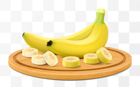 Ripe tasty banana on a wooden tray. Whole banana and pieces of yellow sweet banana on cutting board isolated on transparent background. Realistic 3d vector illustrationのイラスト素材