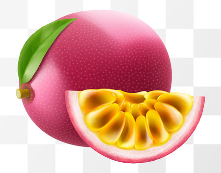 Passion fruit whole fruit and slice isolated on transparent background. Ripe purple passion fruit or passiflora edulis for package design. Realistic 3d Vector illustration of tropical fruits.のイラスト素材