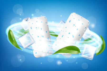 Pads of bubble gum with ice cubes and mint leaves. Green leaves spearmint for fresh breathing. Chewing gums for healthy teeth and dental hygiene. Refreshing candy. Realistic 3D vector illustrationのイラスト素材