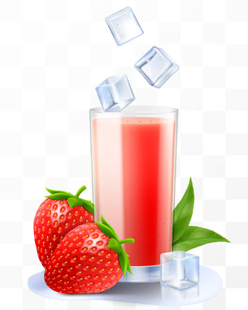 A glass of fresh strawberry juice or smoothie with ice cubes. Cup of cocktail or yogurt with ripe sweet strawberry, isolated on transparent background. Realistic 3d vector illustrationのイラスト素材