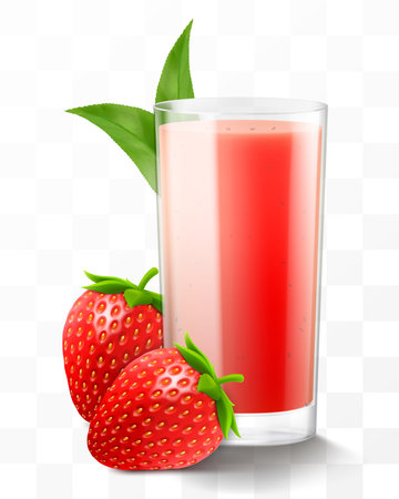 A glass of fresh strawberry juice or smoothie. Cup of cocktail or yogurt with strawberry, isolated on transparent background. Realistic 3d vector illustrationのイラスト素材