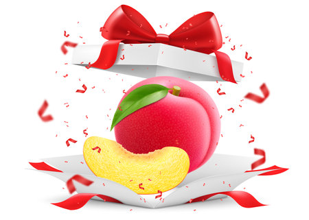 Juicy sweet plum in open gift box with a red bow isolated on transparent background. Round red fruits, prunes, Delicious sweet fruit. Realistic 3d vector illustration. Summer design. Healthy food,のイラスト素材