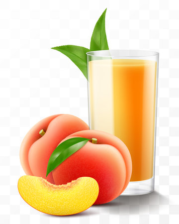 A glass of fresh peach juice or smoothie. Cup of cocktail or yogurt with ripe sweet peach fruits, isolated on transparent background. Realistic 3d vector illustrationのイラスト素材