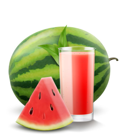 A glass of fresh watermelon juice or smoothie. Cup of cocktail or yogurt with watermelon, isolated on transparent background. Realistic 3d vector illustrationのイラスト素材