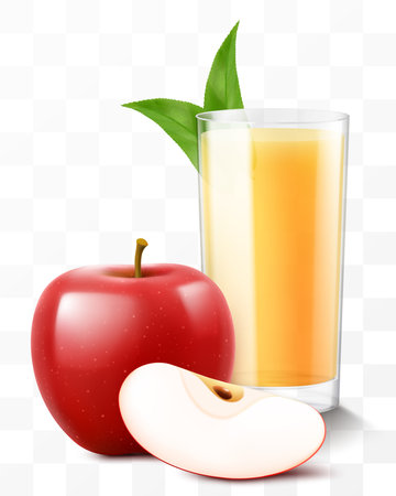 A glass of fresh apple juice or smoothie. Cup of cocktail or yogurt with red apple, isolated on transparent background. Realistic 3d vector illustrationのイラスト素材