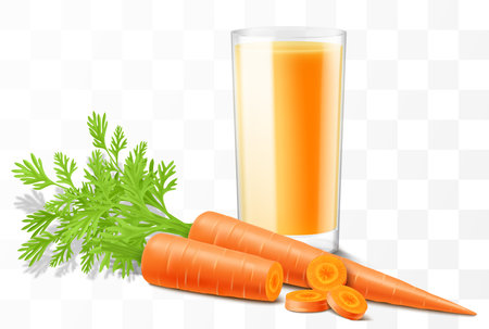 A glass of fresh carrot juice or smoothie. Cup of cocktail with carrot vegetables, isolated on transparent background. Realistic 3d vector illustrationのイラスト素材