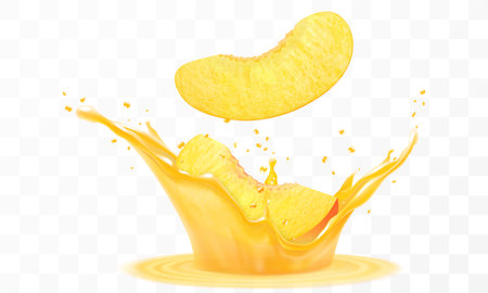 Apricot juice. Fresh ripe apricot slices falls into a splash of juice, isolated on transparent background. Realistic 3d vector illustration. Summer vitamin food and drink. Apricot smoothie splashのイラスト素材