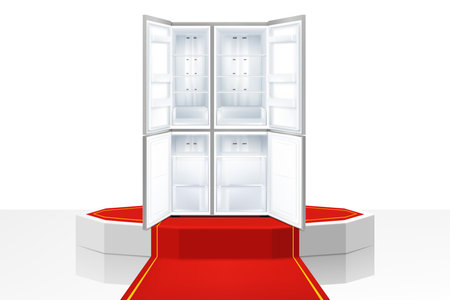 Illuminated podium or pedestal with red path and double-door refrigerator. Refrigerator with open door. Modern, realistic 3d vector illustration of home appliances. Front view, close-up.のイラスト素材