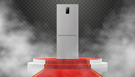 Illuminated podium or Pedestal with red path and refrigerator. Modern, realistic 3d vector illustration of home appliances. Front view, close-up.のイラスト素材