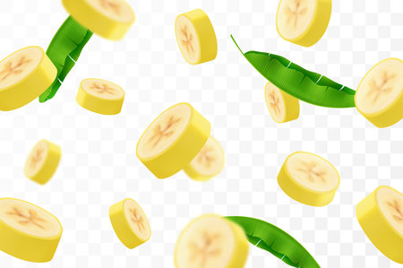 Banana background. Flying banana slices. Unfocused and blurry effect. Can be used for wallpaper, banner, poster, print, fabric, wrapping paper. Realistic 3d vector illustrationのイラスト素材