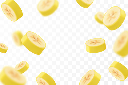 Banana background. Flying banana slices. Unfocused and blurry effect. Can be used for wallpaper, banner, poster, print, fabric, wrapping paper. Realistic 3d vector illustrationのイラスト素材