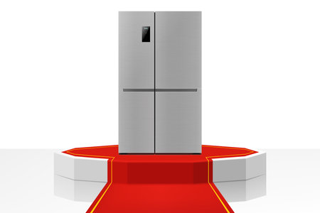 Illuminated podium or Pedestal with red path and double-door refrigerator. Modern, realistic 3d vector illustration of home appliances. Front view, close-up.のイラスト素材
