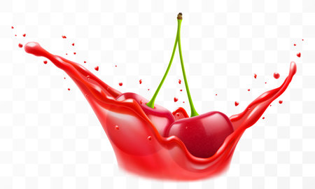 Fresh ripe cherry falls into a splash of juice, isolated on transparent background. Realistic 3d vector illustration. Summer vitamin food and drink. Cherry berry smoothie splashのイラスト素材