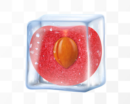 Fresh ripe cherry in ice cube isolated on transparent background. Frozen tasty juicy cherry, realistic 3d vector illustration. Bright summer refreshing designのイラスト素材