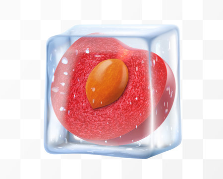 Fresh ripe cherry in ice cube isolated on transparent background. Frozen tasty juicy cherry, realistic 3d vector illustration. Bright summer refreshing designのイラスト素材