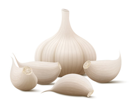 Garlic set. Whole garlic head and unpeeled cloves isolated on white background. Spice ingredient for cooking and healthy nutrition or spice and condiment product package design. Realistic 3d vectorのイラスト素材