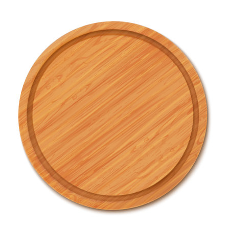 Wooden pizza and cutting board front view. Tray of round shape, natural, eco-friendly kitchen utensils made of wood isolated on white background, realistic 3d vector illustrationのイラスト素材