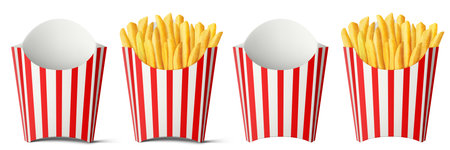 French fries in striped red and white paper French fry boxes isolated on a white background. Delicious French potato. Empty And Full. Realistic 3d vector illustration..のイラスト素材