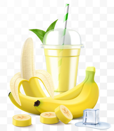 Clear plastic cup with banana juice or smoothie. Fruit cocktail Cup with sphere dome cap for milkshake, lemonade, cold or hot drink. Mug of fruity organic shake. Realistic 3d vector templateのイラスト素材