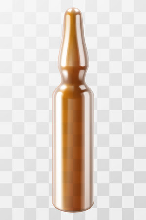 Glass brown medical ampoule on transparent background. Blank capsule container liquid injection, 3d vector realistic illustration. Vaccine packaging, virus antibody, pharmaceutical container packaging.のイラスト素材