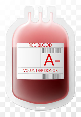 Medical dropper bag with blood A-. Blood injection and transfusion bag isolated on transparent background. Medicine and donation concept. Bag with blood and plasma. Realistic 3d vector illustrationのイラスト素材