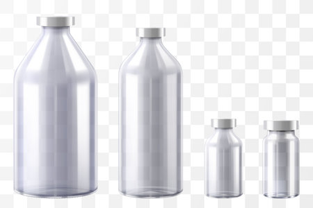 Medical Bottles. Glass Pharmacy Bottle. Drug Vial Blank. Vitamin Jar Template with Screw Lid Design. Essential Aromatic Oil Container Mockup without Label. Round Medicine Storage. Realistic 3d vectorのイラスト素材
